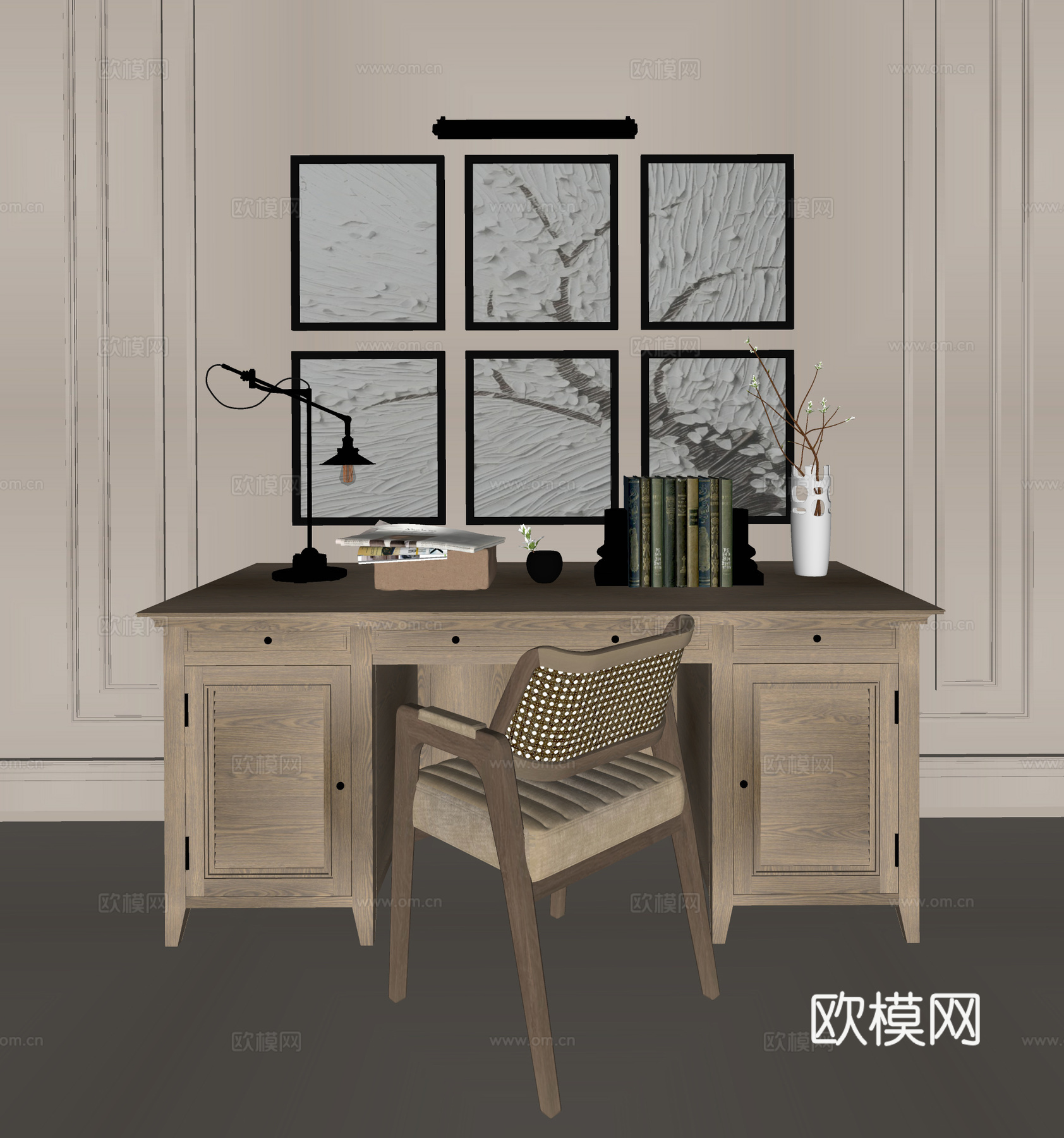 侘寂风 实木桌椅 桌椅组合   休闲椅 书箱挂画台灯壁灯su模型