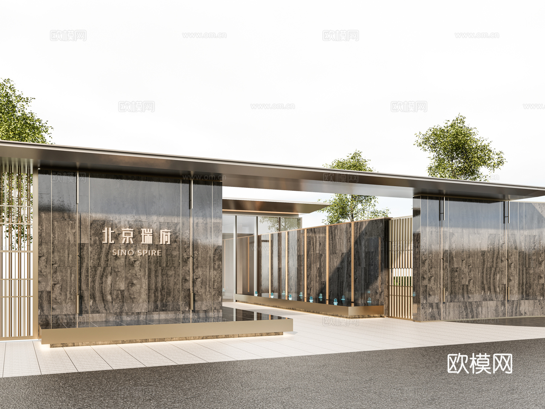 小区住宅大门入口 小区入户门 酒店式门楼 售楼处景观大门 喷su模型