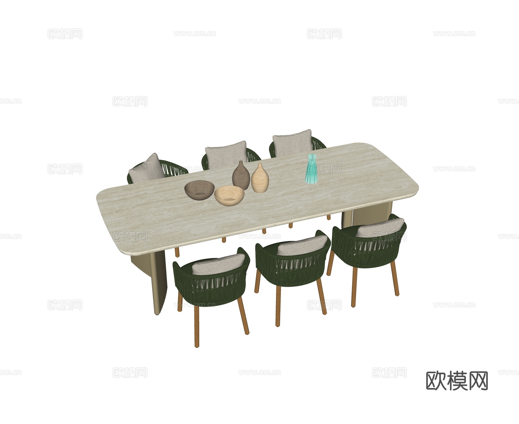 kun 现代庭院 户外餐桌椅 洞石一桌六椅 餐桌 餐椅su模型