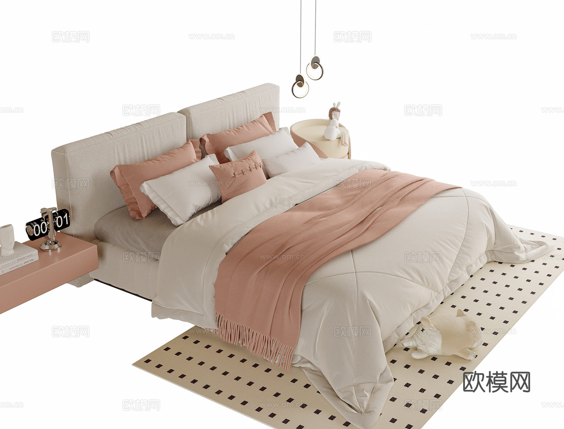 现代单人床 地毯su模型