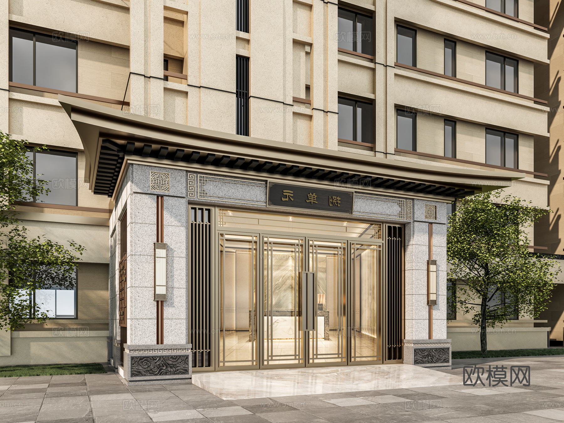 小区单元门入口 住宅楼大门入口 小区入户门 单元门花池树池su模型