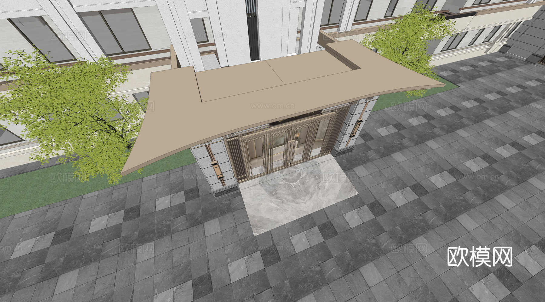 小区单元门入口 住宅楼大门入口 小区入户门 单元门花池树池su模型