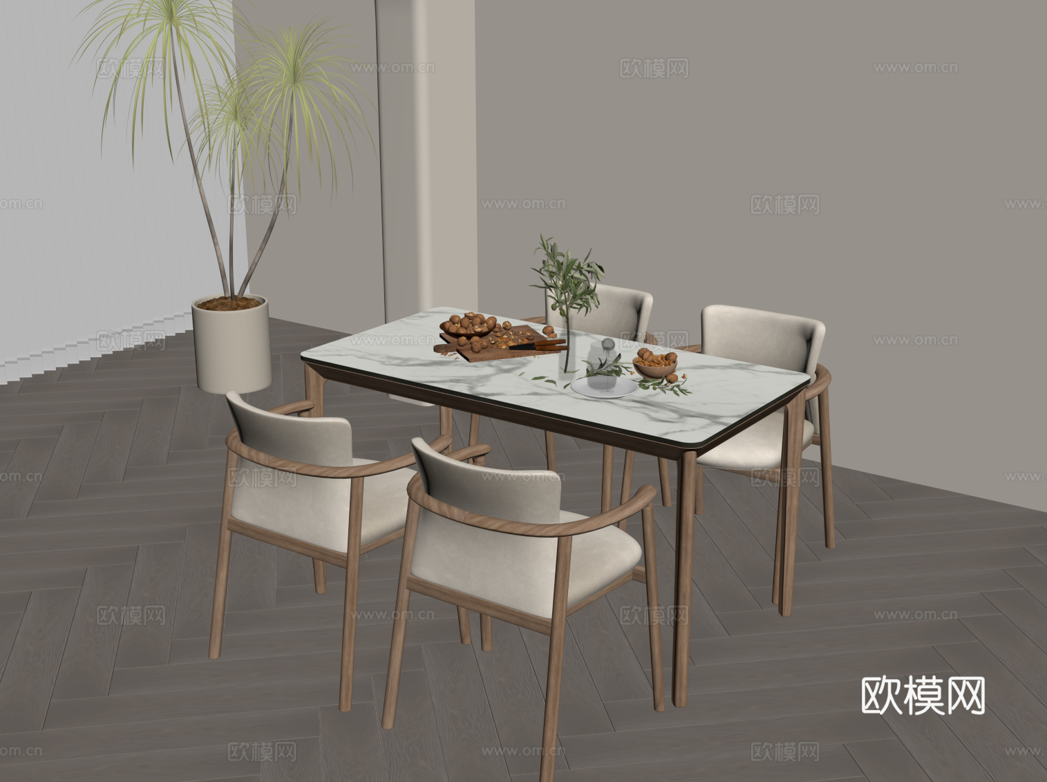 现代奶油风餐桌椅su模型