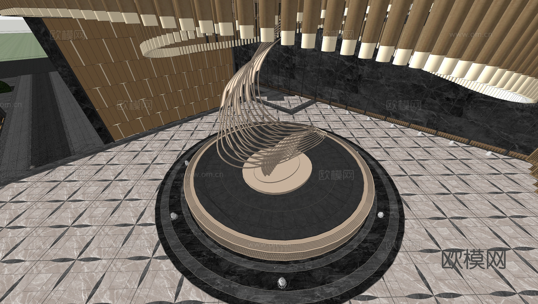 小区住宅大门入口 喷泉水景 异形吊灯 金属雕塑 售楼处景观su模型