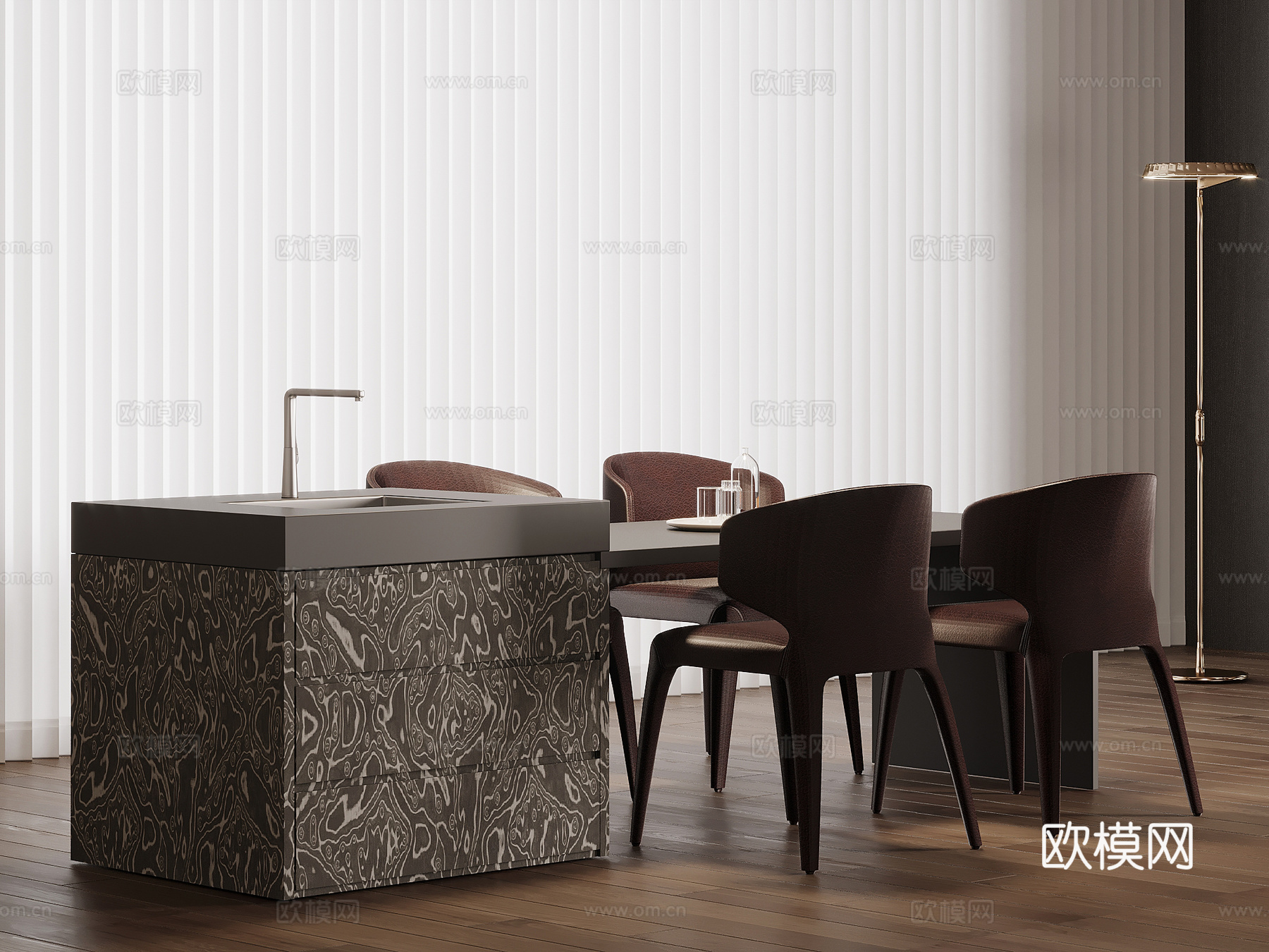 现代意式岛台 餐桌椅su模型