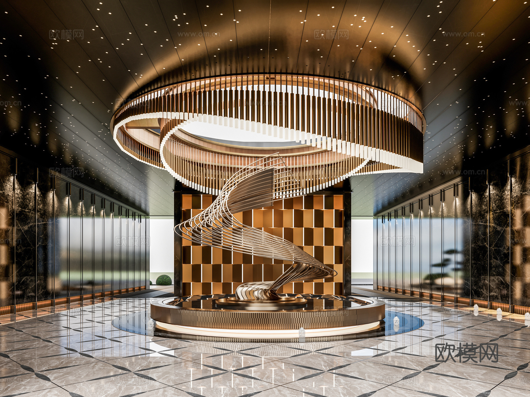 小区住宅大门入口 喷泉水景 异形吊灯 金属雕塑 售楼处景观su模型