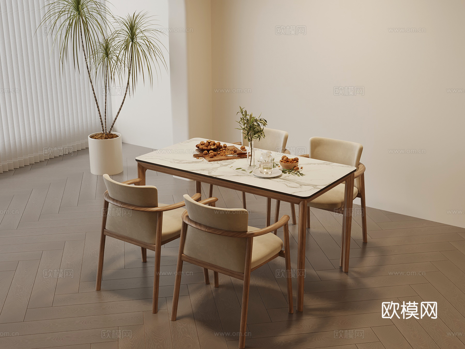 现代奶油风餐桌椅su模型