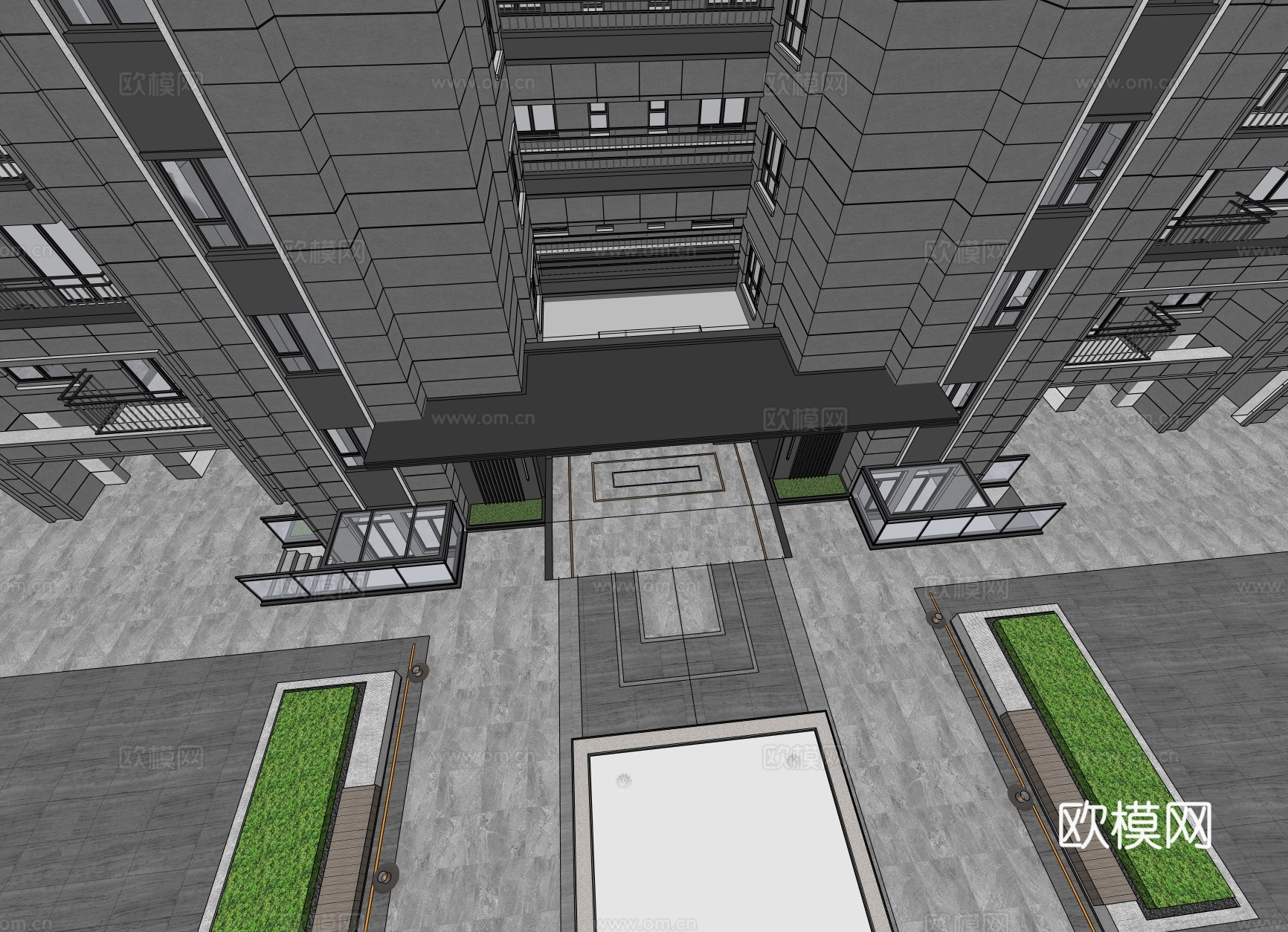 小区单元门入口 住宅楼大门入口 小区入户门 单元门花池树池su模型