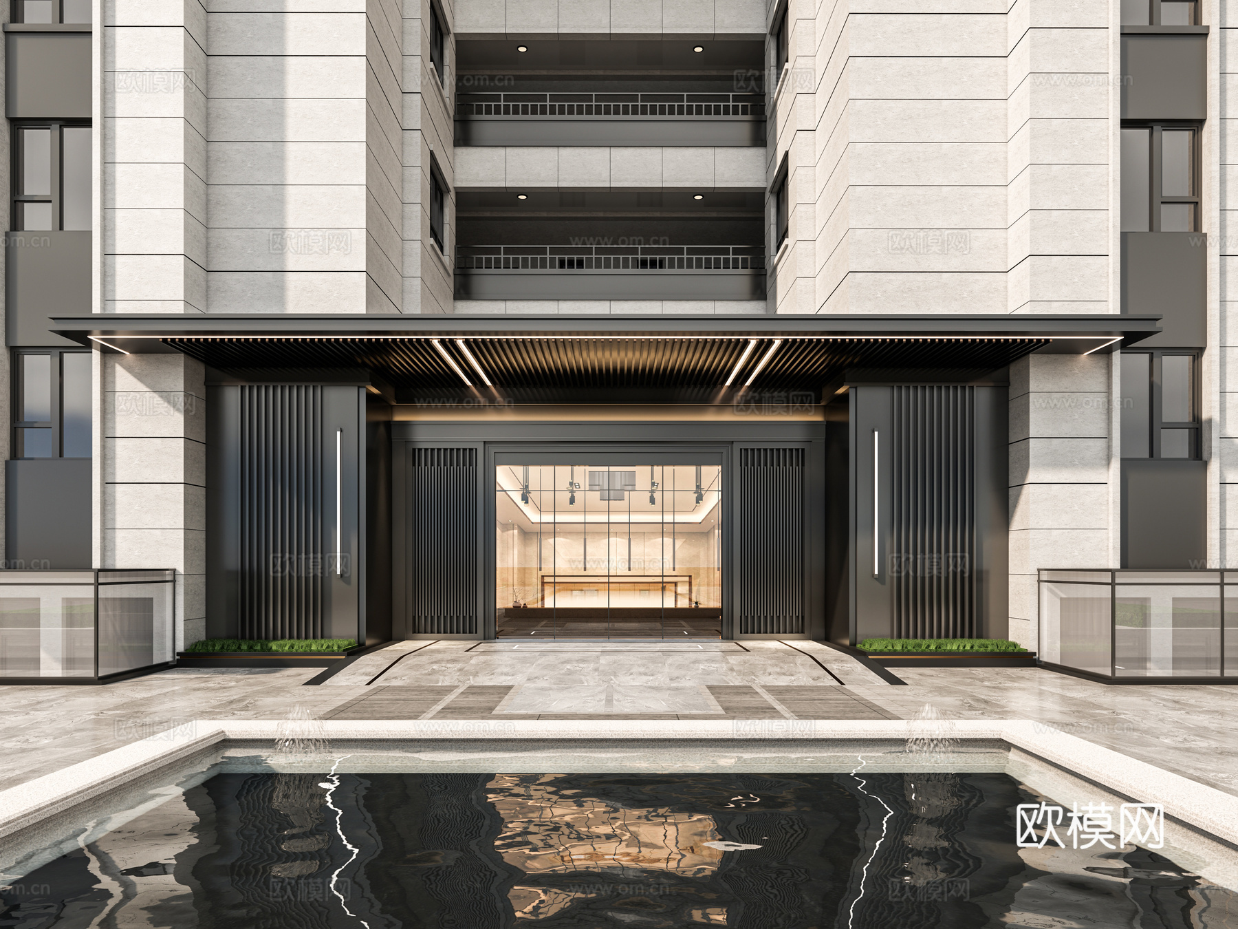 小区单元门入口 住宅楼大门入口 小区入户门 单元门花池树池su模型