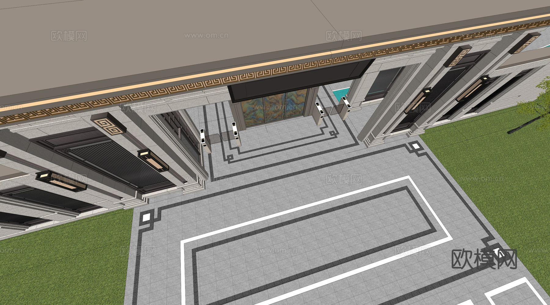 小区住宅大门入口 小区入户门 酒店式门楼 售楼处景观大门 门su模型