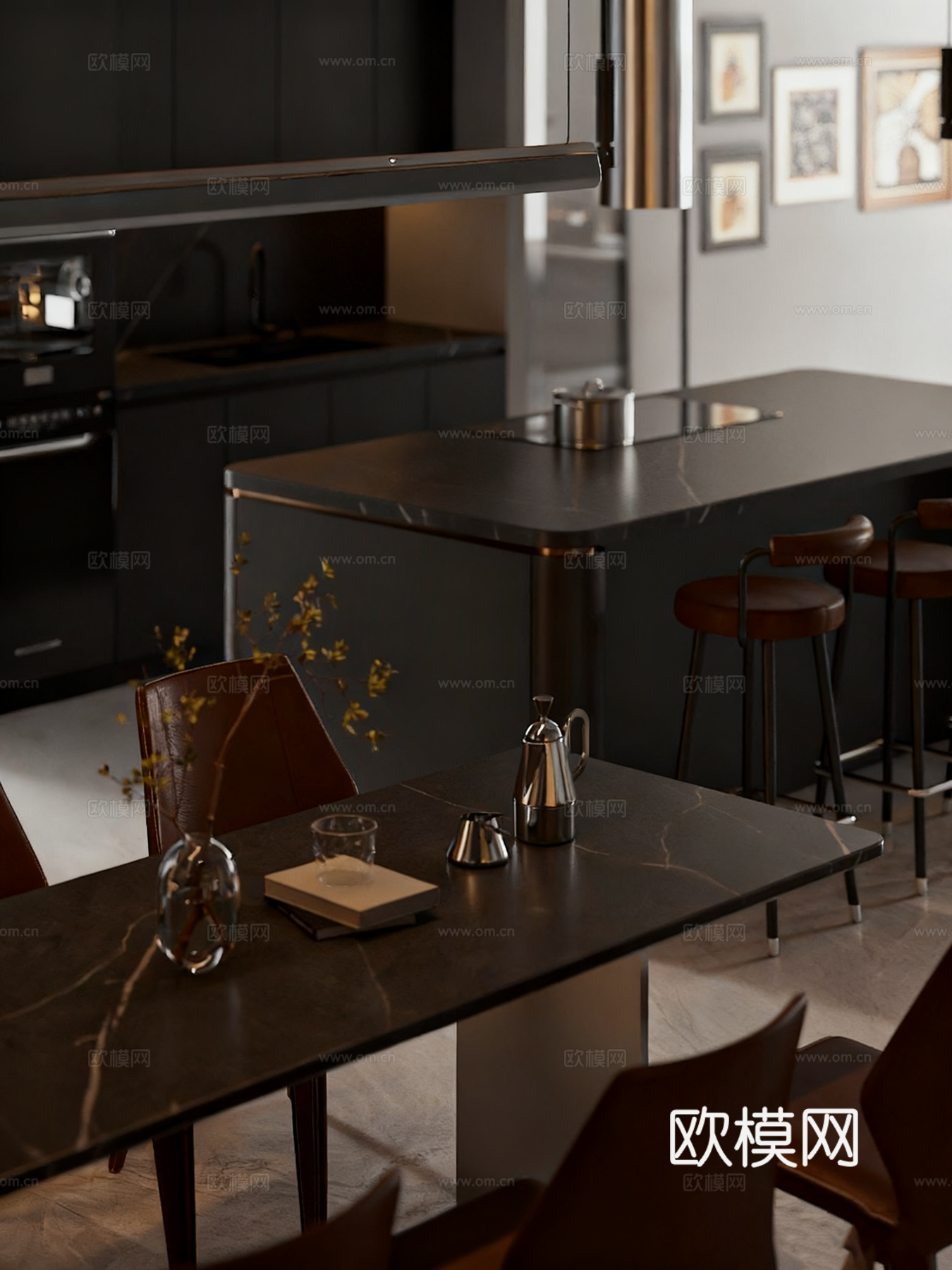 意式轻奢客餐厅 大平层豪宅客餐厅 客餐厨一体化 皮质沙发su模型