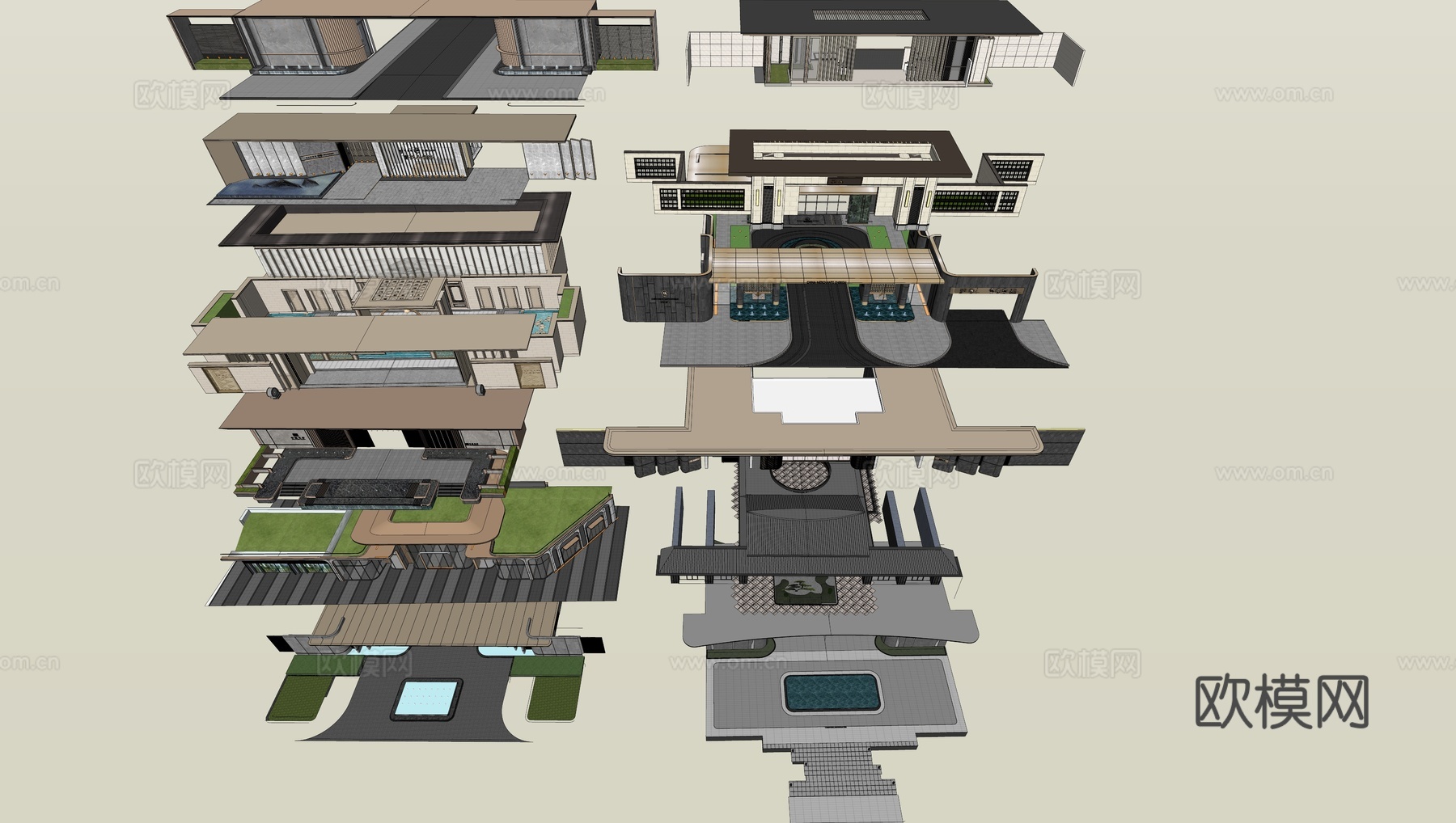 小区住宅大门入口 小区入户门 酒店式门楼 售楼处景观大门 门su模型