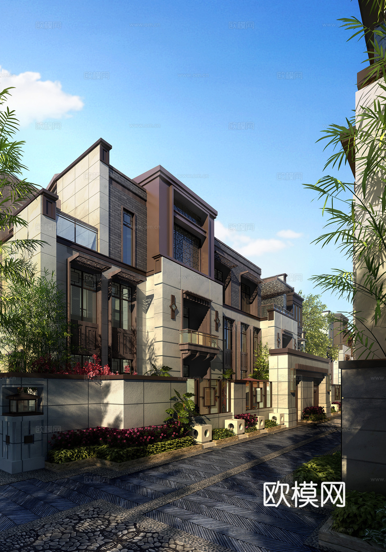 现代别墅树户外灯花草3d模型下载