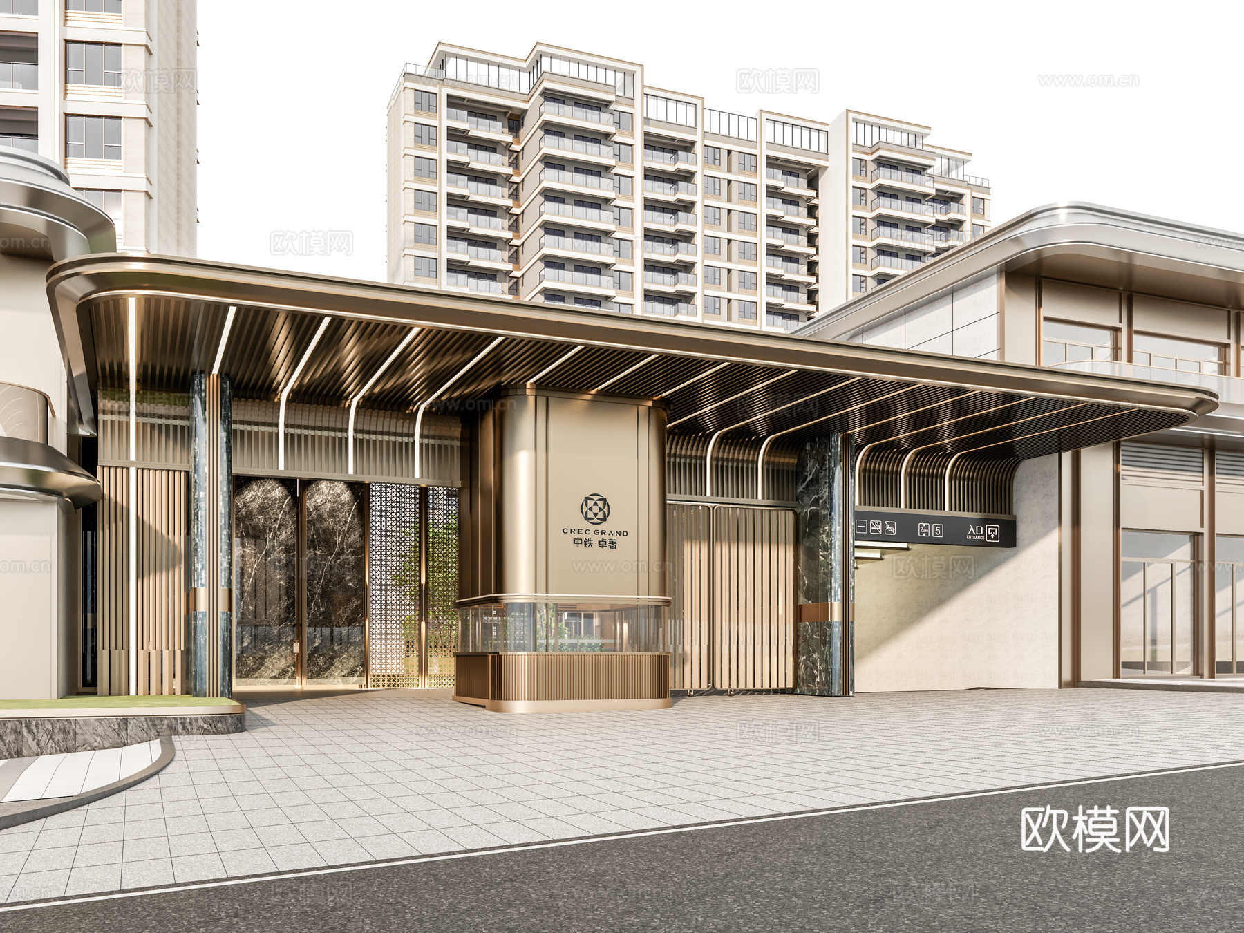 小区住宅大门入口 小区入户门 酒店式门楼 售楼处景观大门 门su模型
