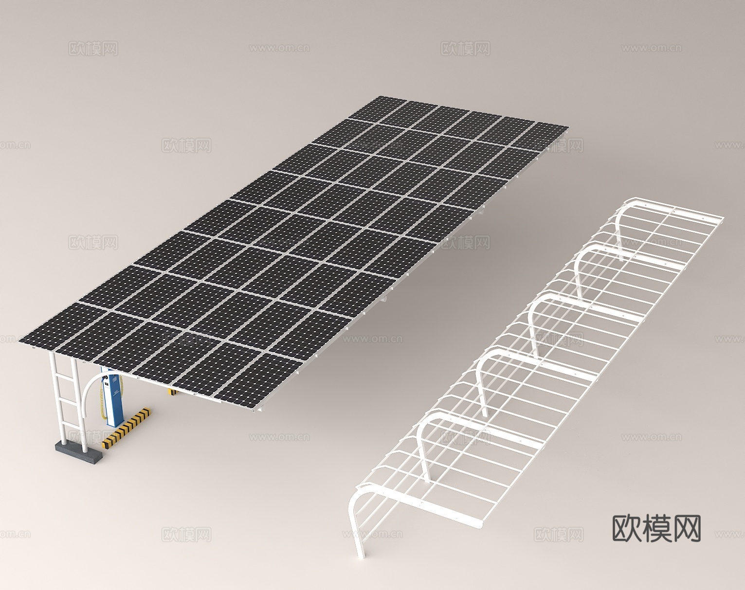 太阳能停车棚 光伏车棚 新能源设施 太阳能板 充电桩su模型