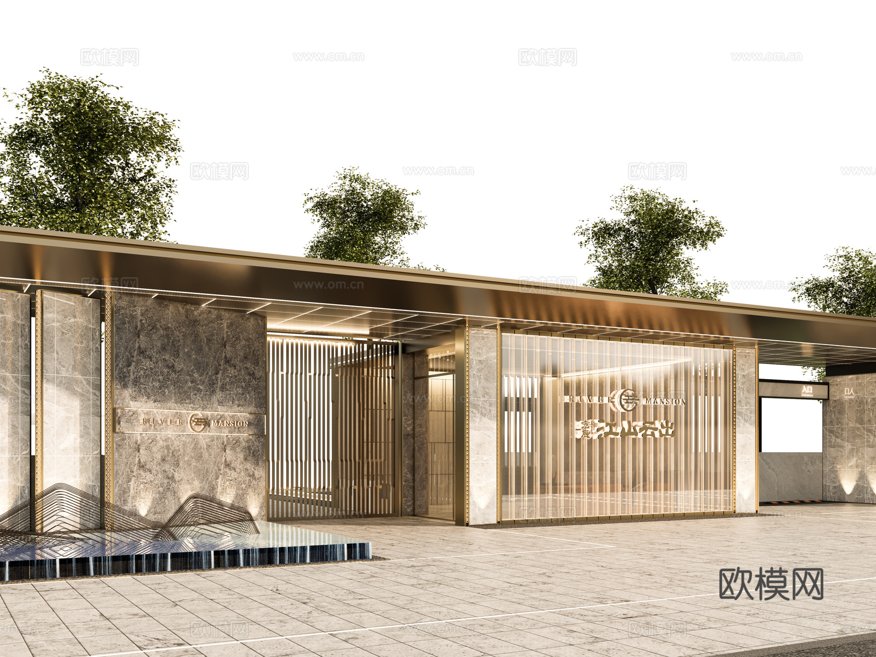 小区住宅大门入口 小区入户门 酒店式门楼 售楼处景观大门 喷su模型