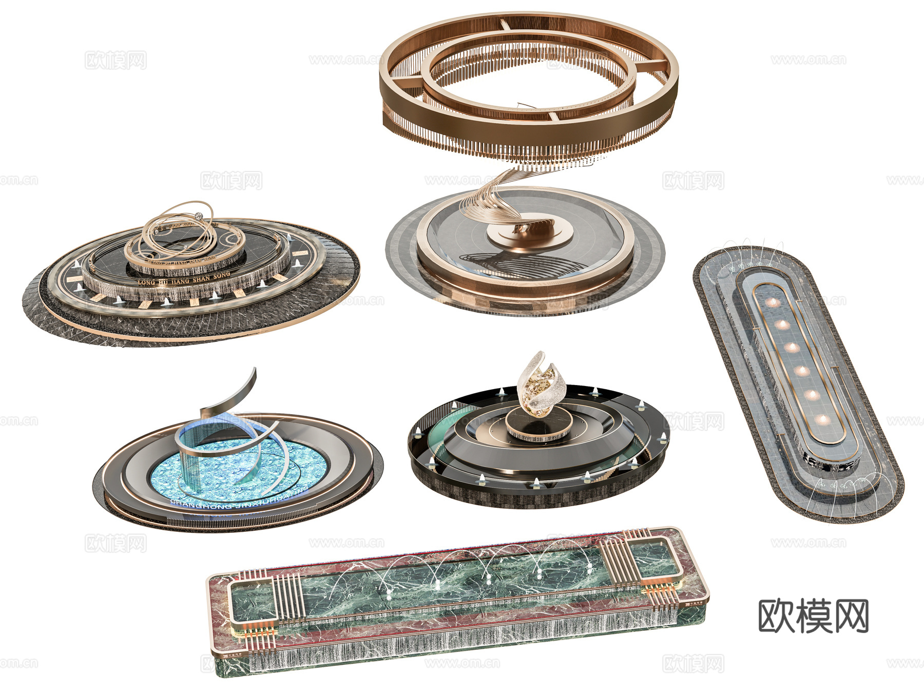 售楼部喷泉景观 喷泉景观 圆形喷泉长条喷泉 园林景观喷泉su模型