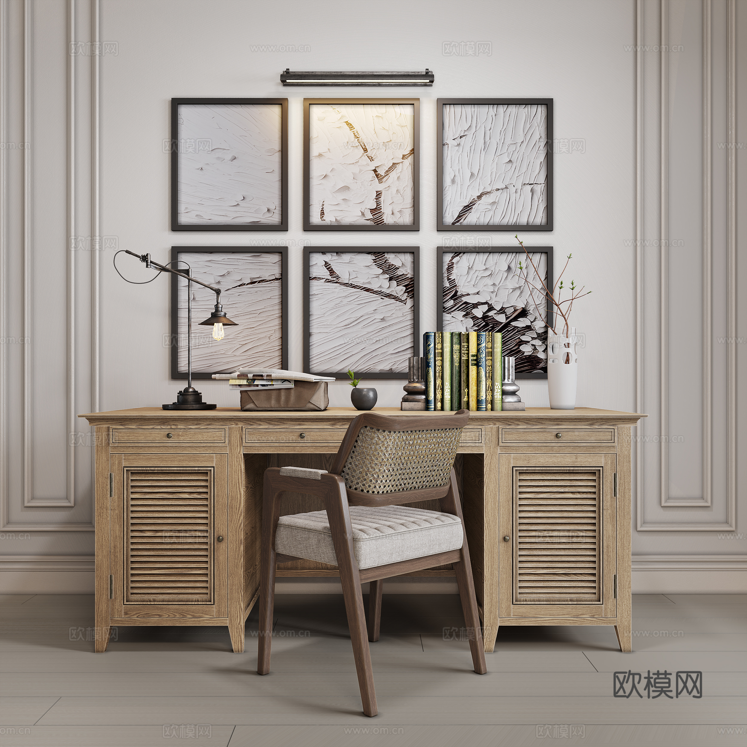 侘寂风桌椅组合   休闲椅 实木桌椅 书箱挂画台灯壁灯3d模型下载