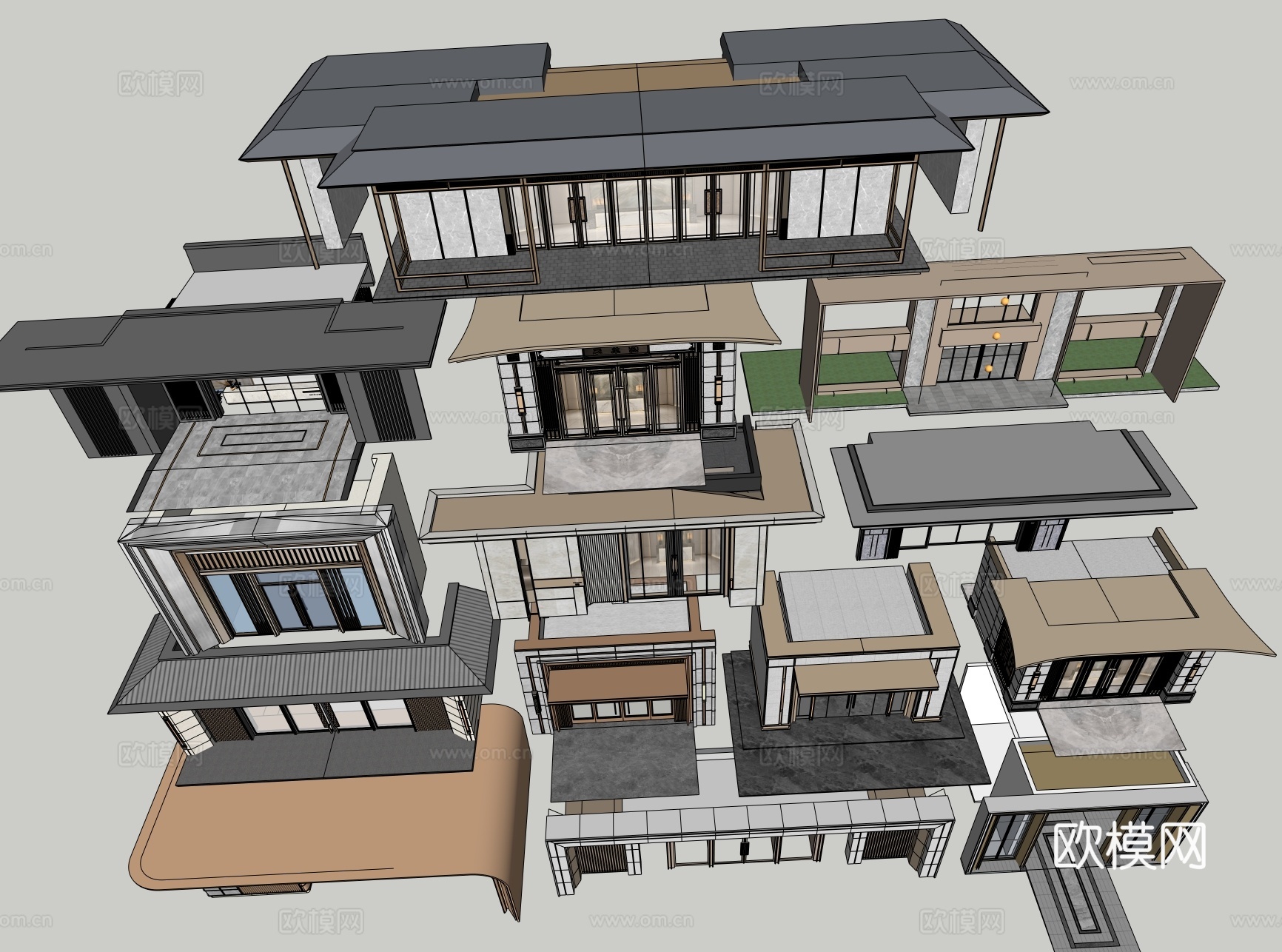 小区单元门入口 住宅楼大门入口 小区入户门 单元门花池树池su模型