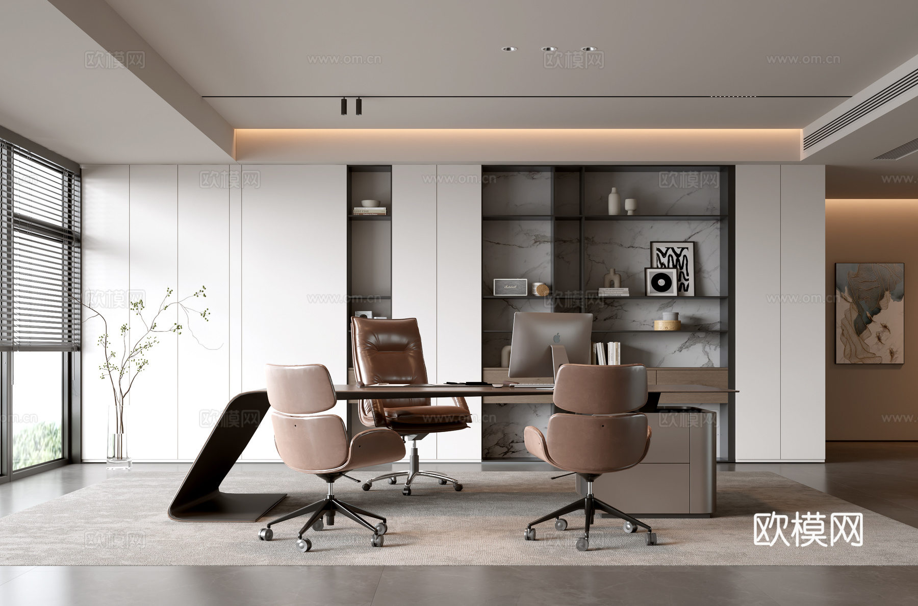 现代办公室 现代书房 办公桌椅组合 装饰组合柜 现代书柜su模型
