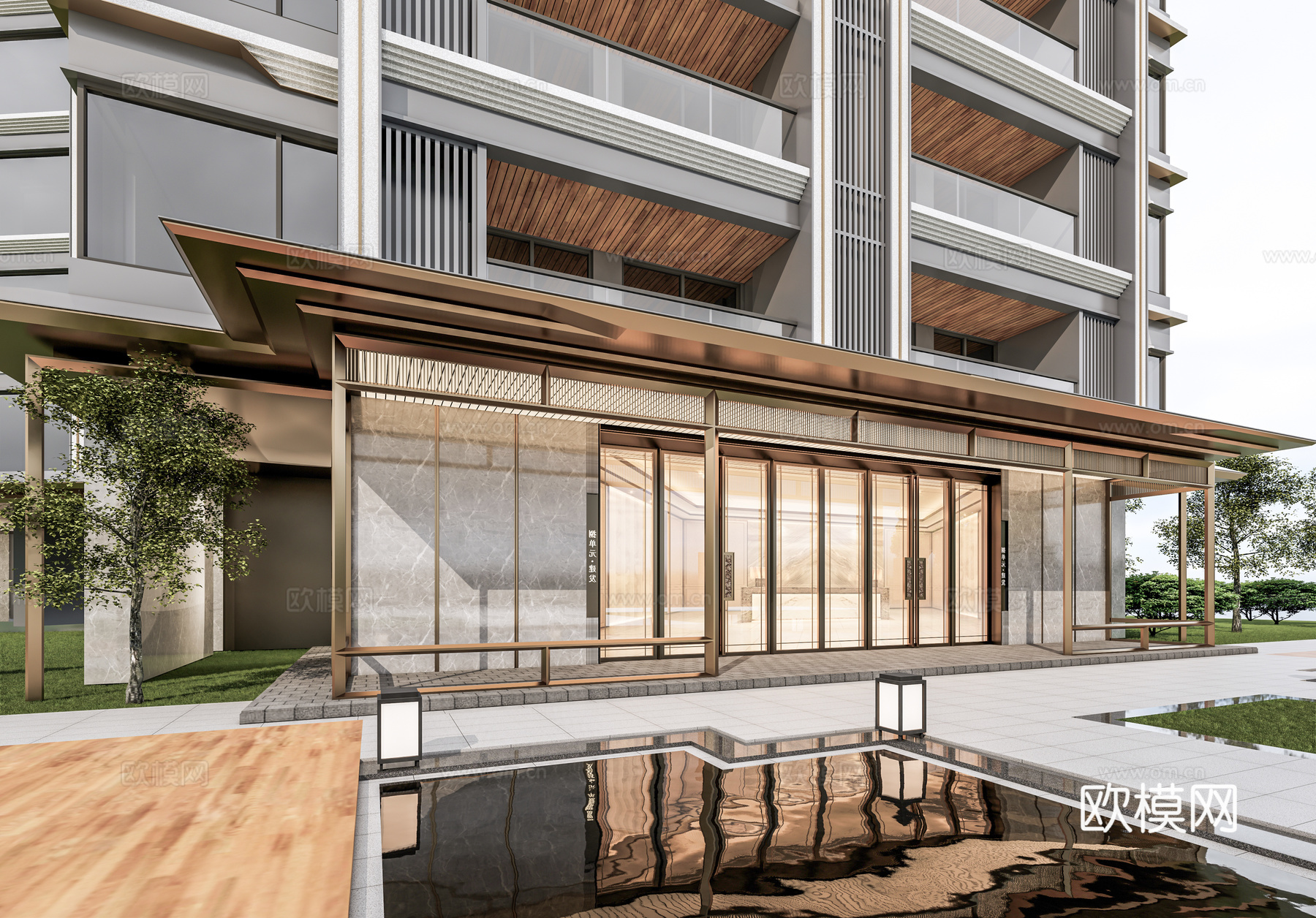 小区单元门入口 住宅楼大门入口 小区入户门 单元门花池树池su模型