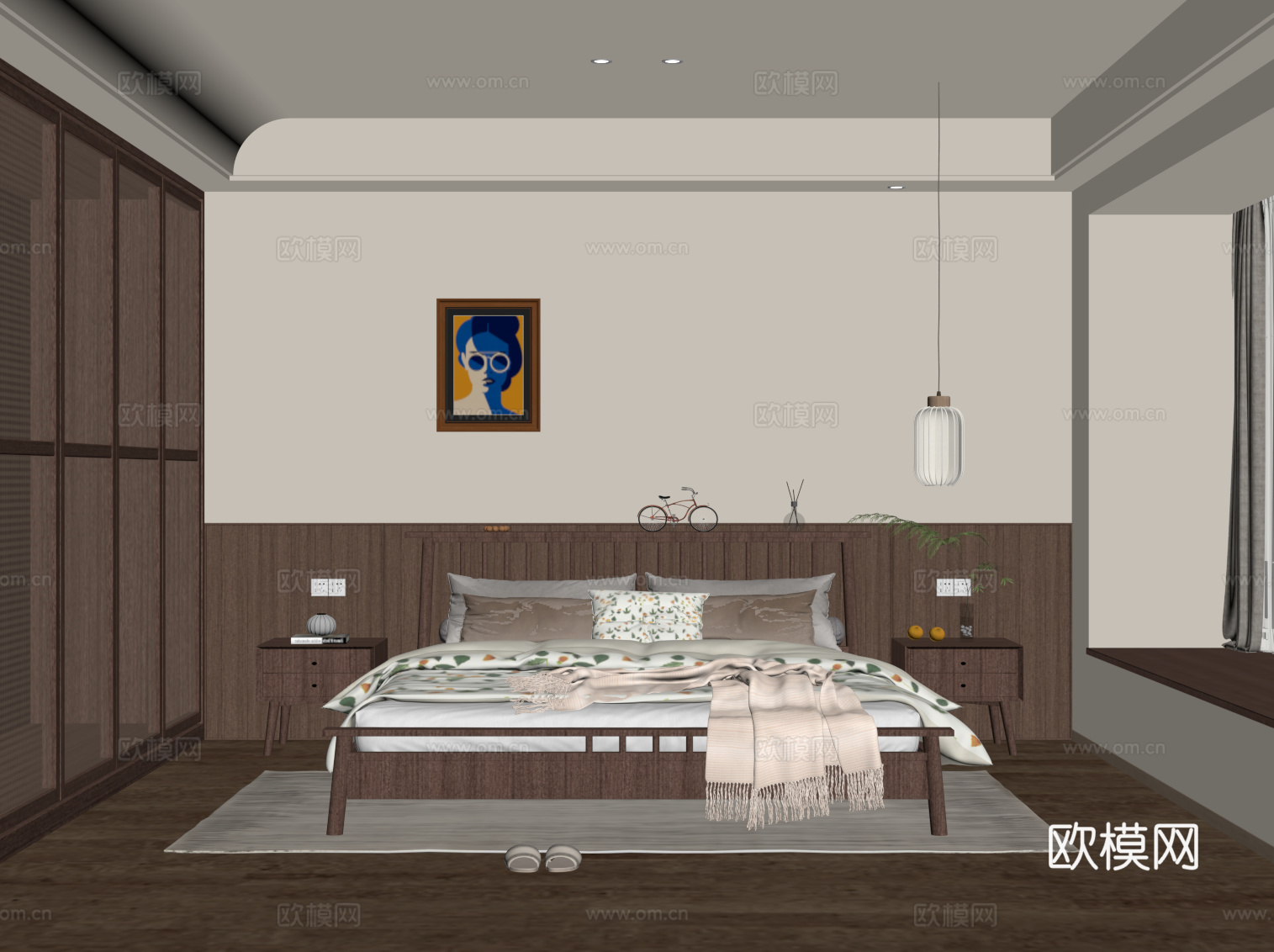 中古风卧室 双人床 床头柜su模型