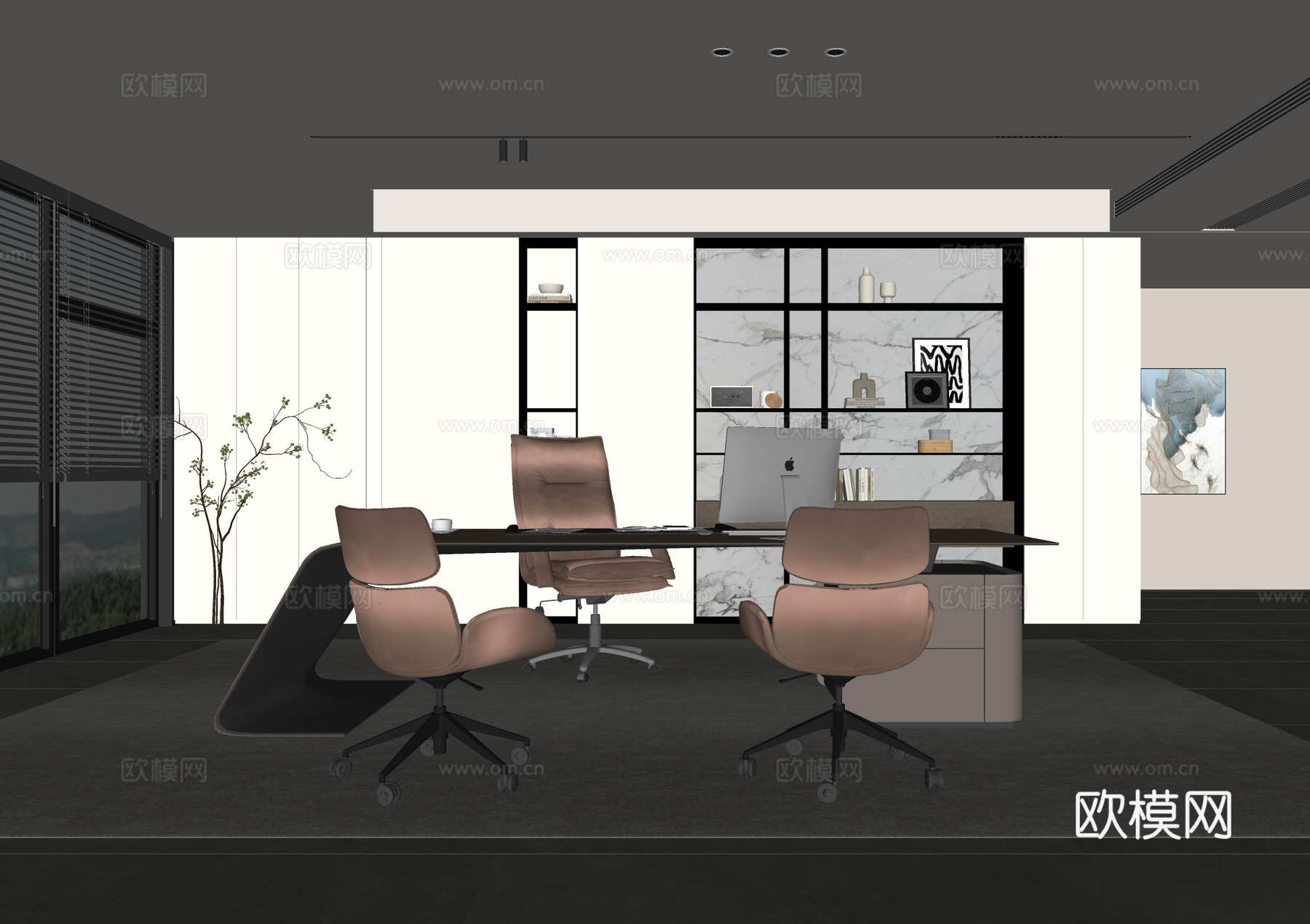 现代办公室 现代书房 办公桌椅组合 装饰组合柜 现代书柜su模型