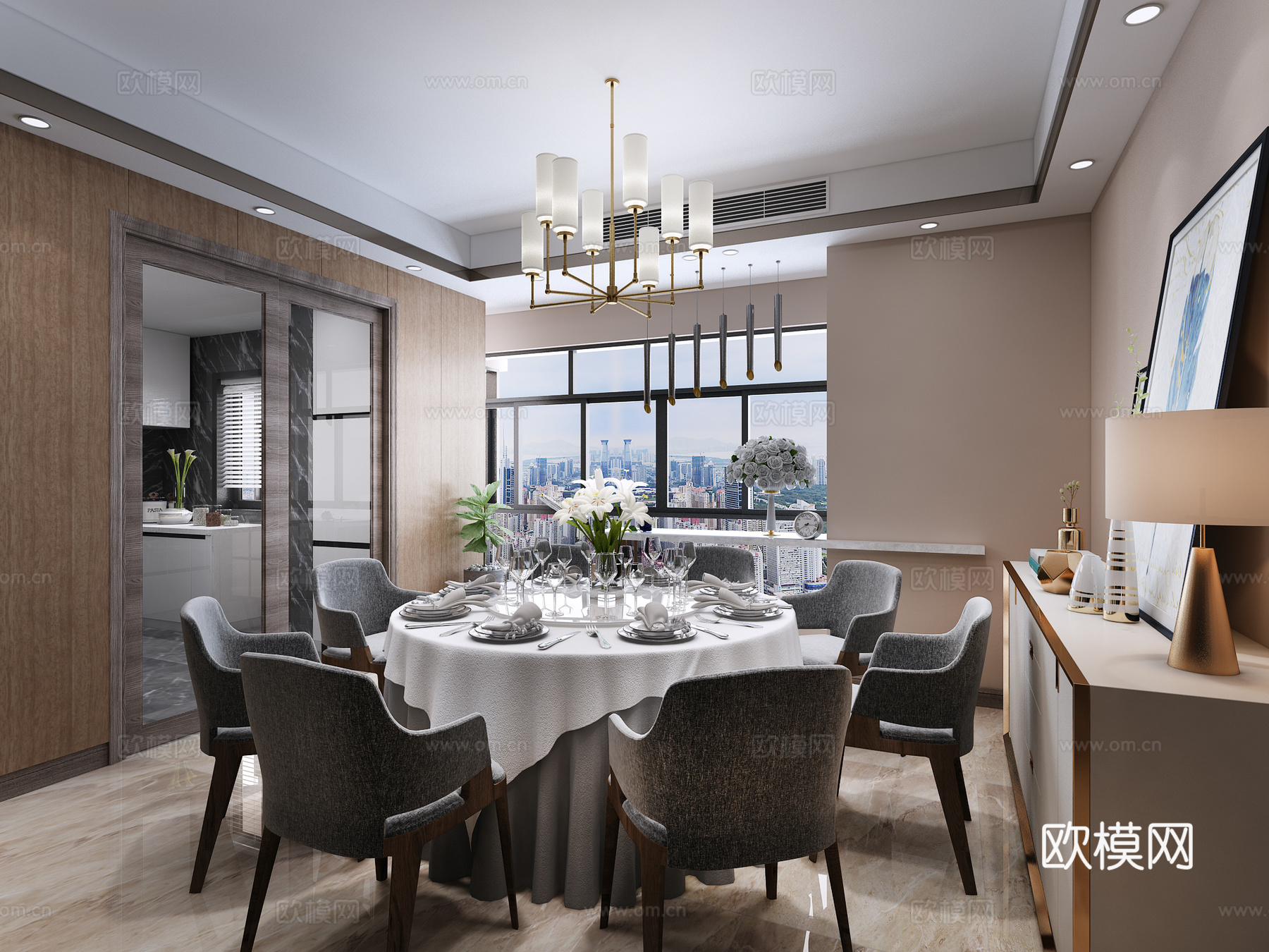现代餐厅 厨房3d模型下载（渲染图1）