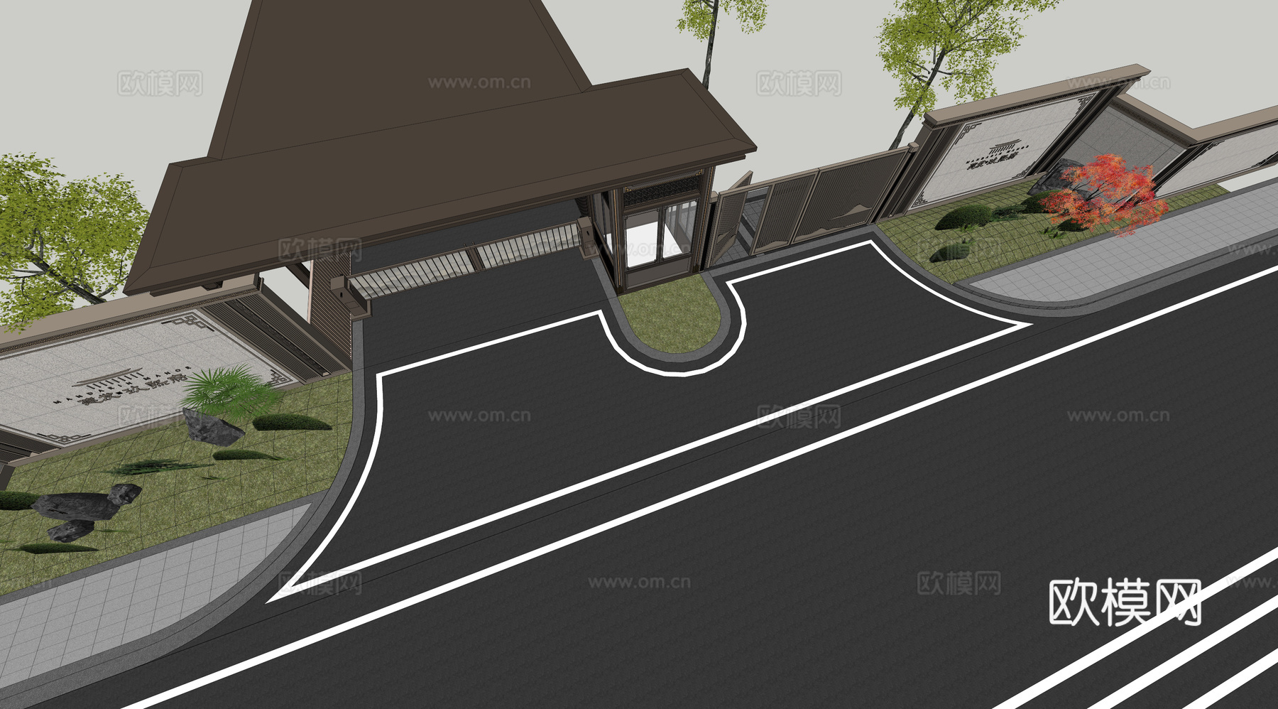 小区住宅大门入口 小区入户门 酒店式门楼 售楼处景观大门 门su模型