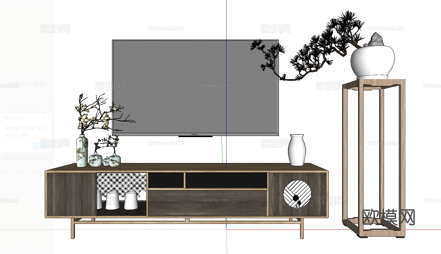 新中式风格电视柜_装饰摆件_盆栽su模型