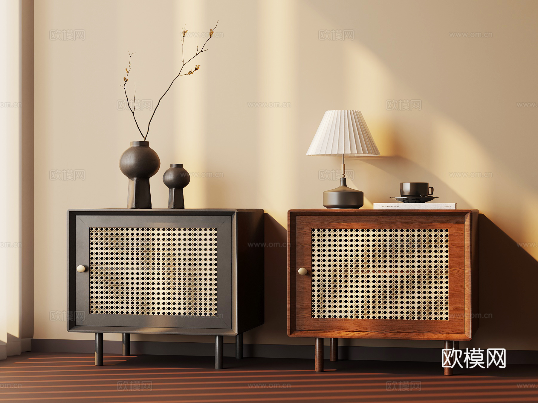 法式复古床头柜 中古床头柜 藤编床头柜su模型