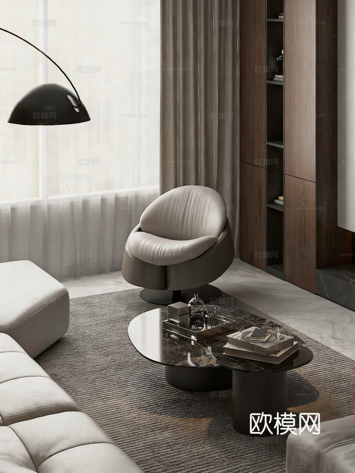 意式轻奢客餐厅 大平层豪宅客餐厅 客餐厨一体化 皮质沙发su模型