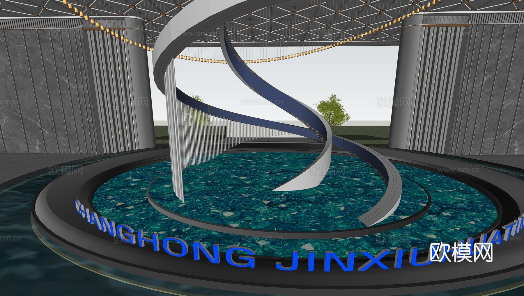 小区住宅大门入口 喷泉水景 异形吊灯 金属雕塑 售楼处景观su模型