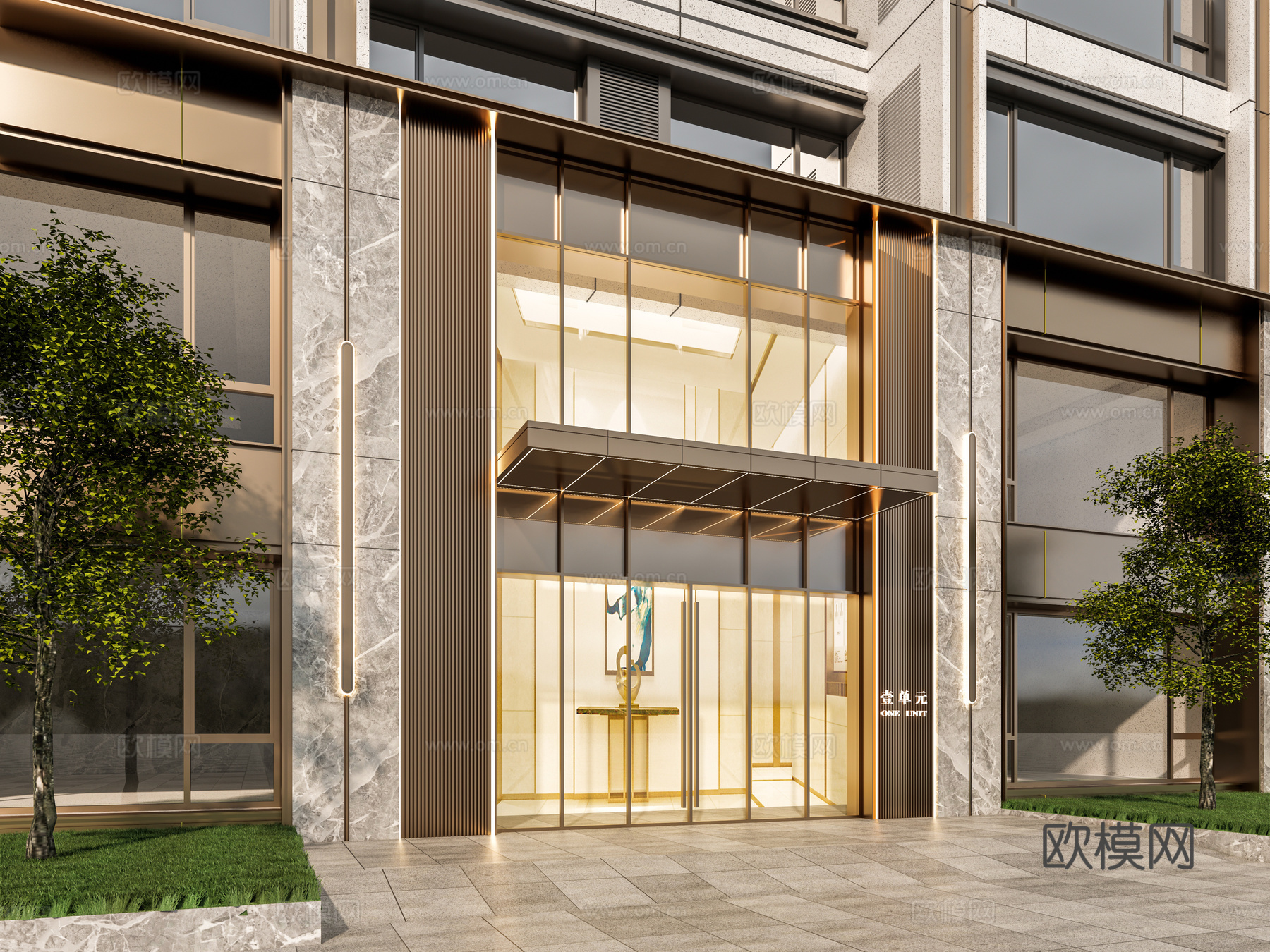 小区单元门入口 住宅楼大门入口 小区入户门 单元门花池树池su模型