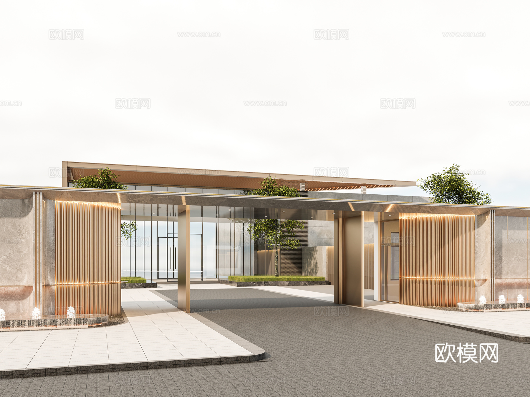 小区住宅大门入口 小区入户门 酒店式门楼 售楼处景观大门 喷su模型