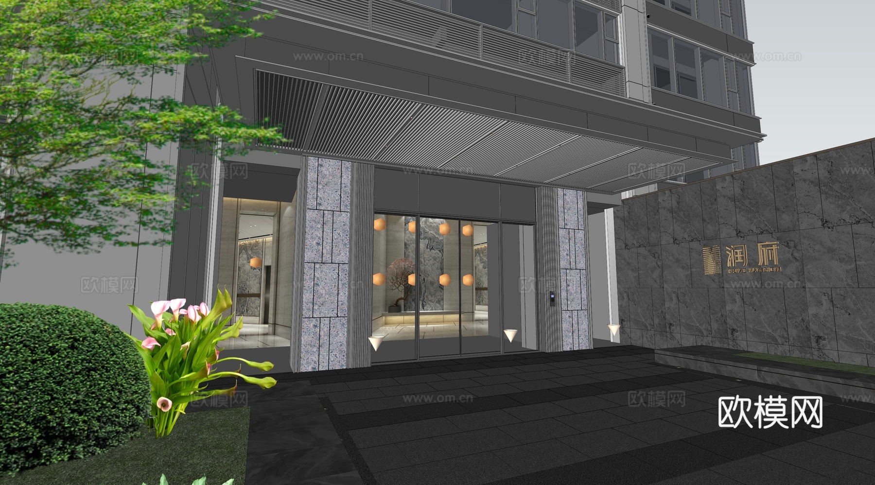 小区单元门入口 住宅楼大门入口 小区入户门 单元门花池树池su模型