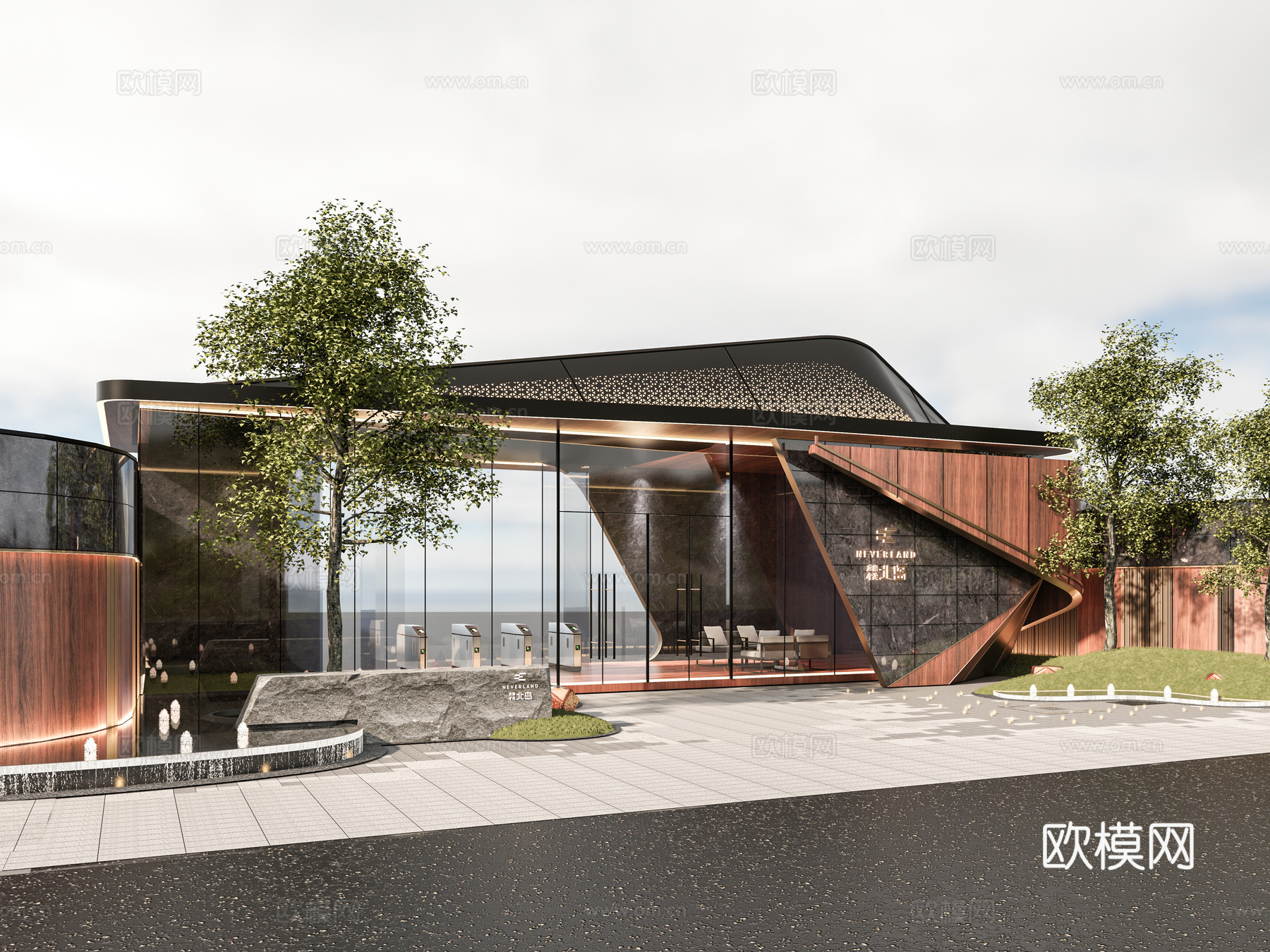 小区住宅大门入口 小区入户门 酒店式门楼 售楼处景观大门 门su模型