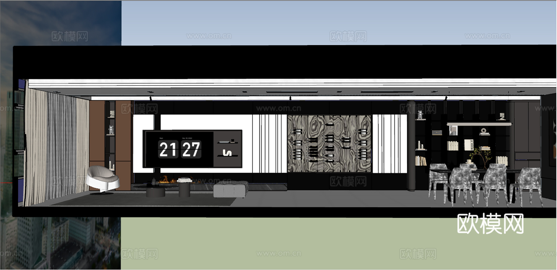 意式轻奢客餐厅 大平层豪宅客餐厅 客餐厨一体化 皮质沙发su模型