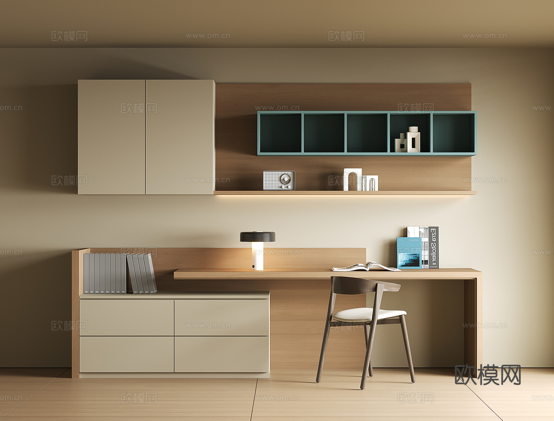现代书桌一体柜3d模型下载