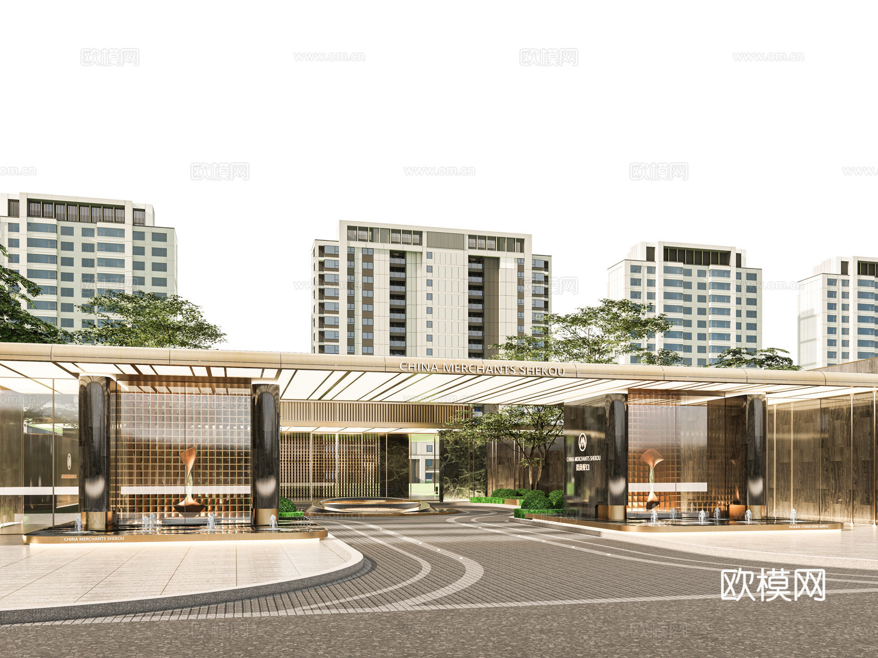 小区住宅大门入口 小区入户门 酒店式门楼 售楼处景观大门 喷su模型