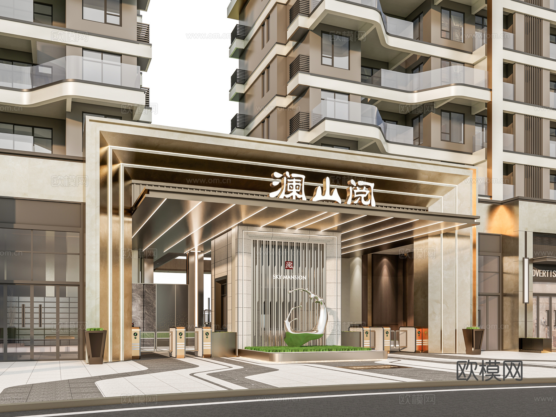小区住宅大门入口 小区入户门 酒店式门楼 售楼处景观大门 喷su模型