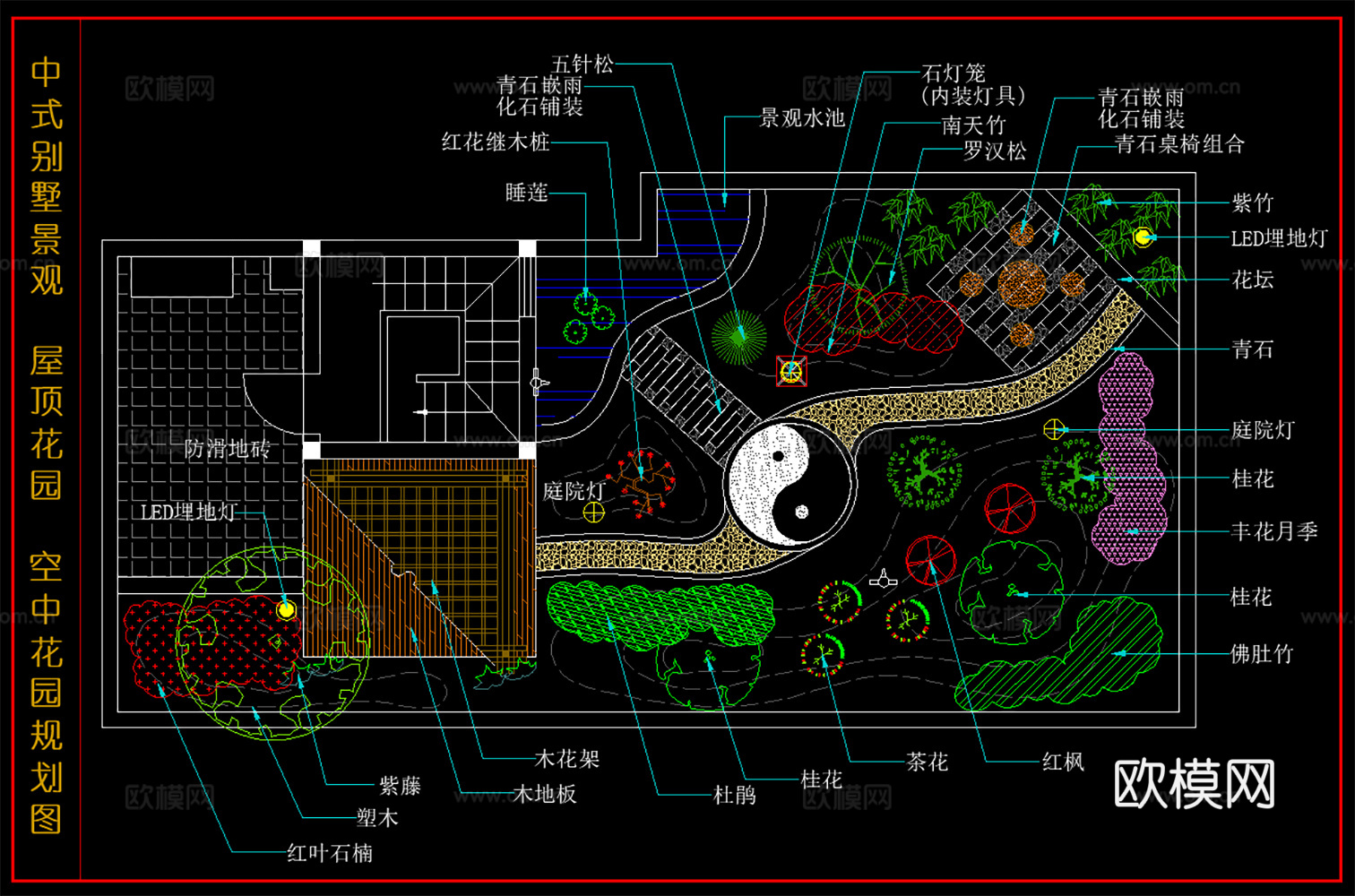 中式空中花园  屋顶花园 园林绿化 植物组合布局图cad施工图