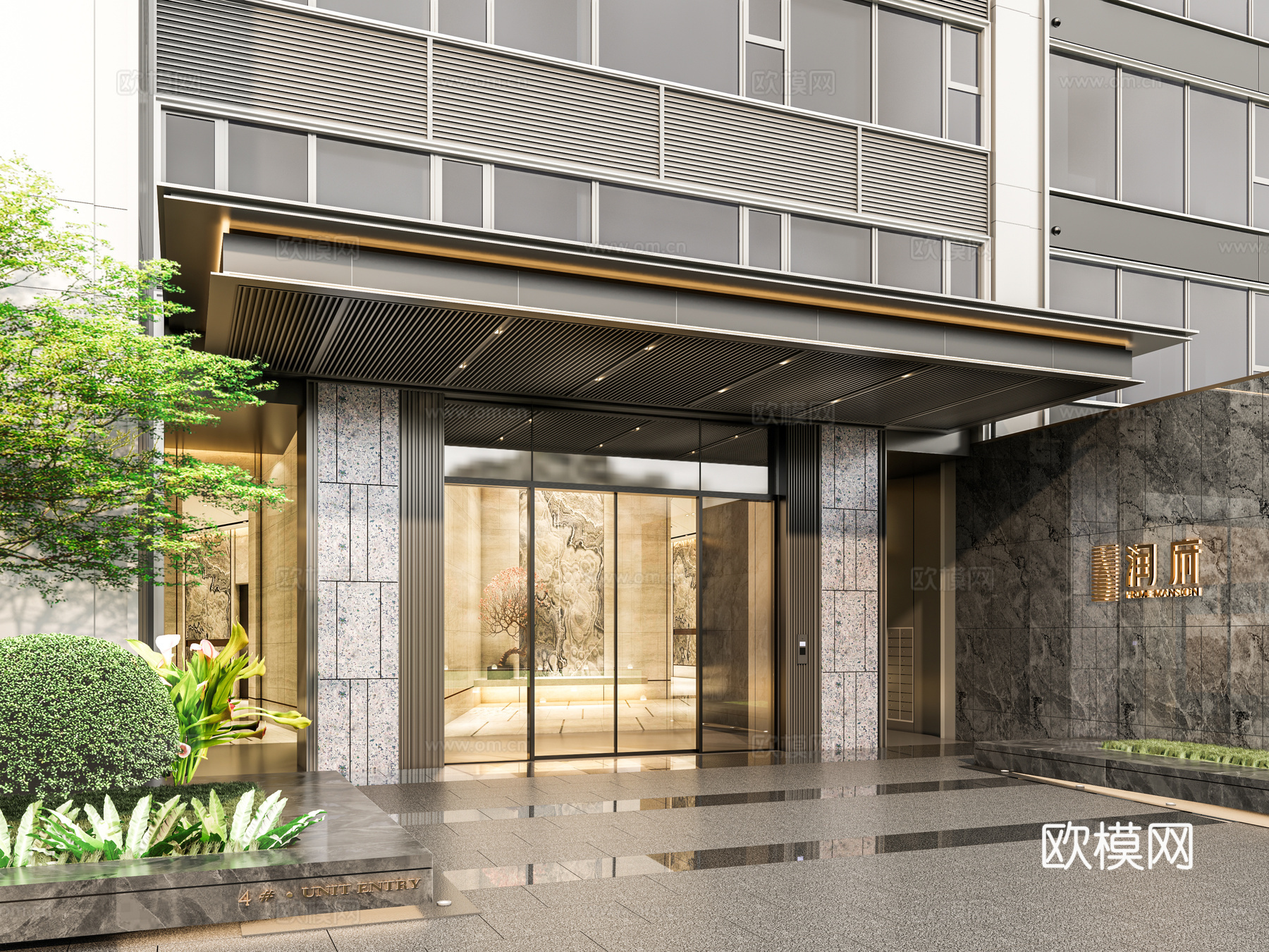 小区单元门入口 住宅楼大门入口 小区入户门 单元门花池树池su模型