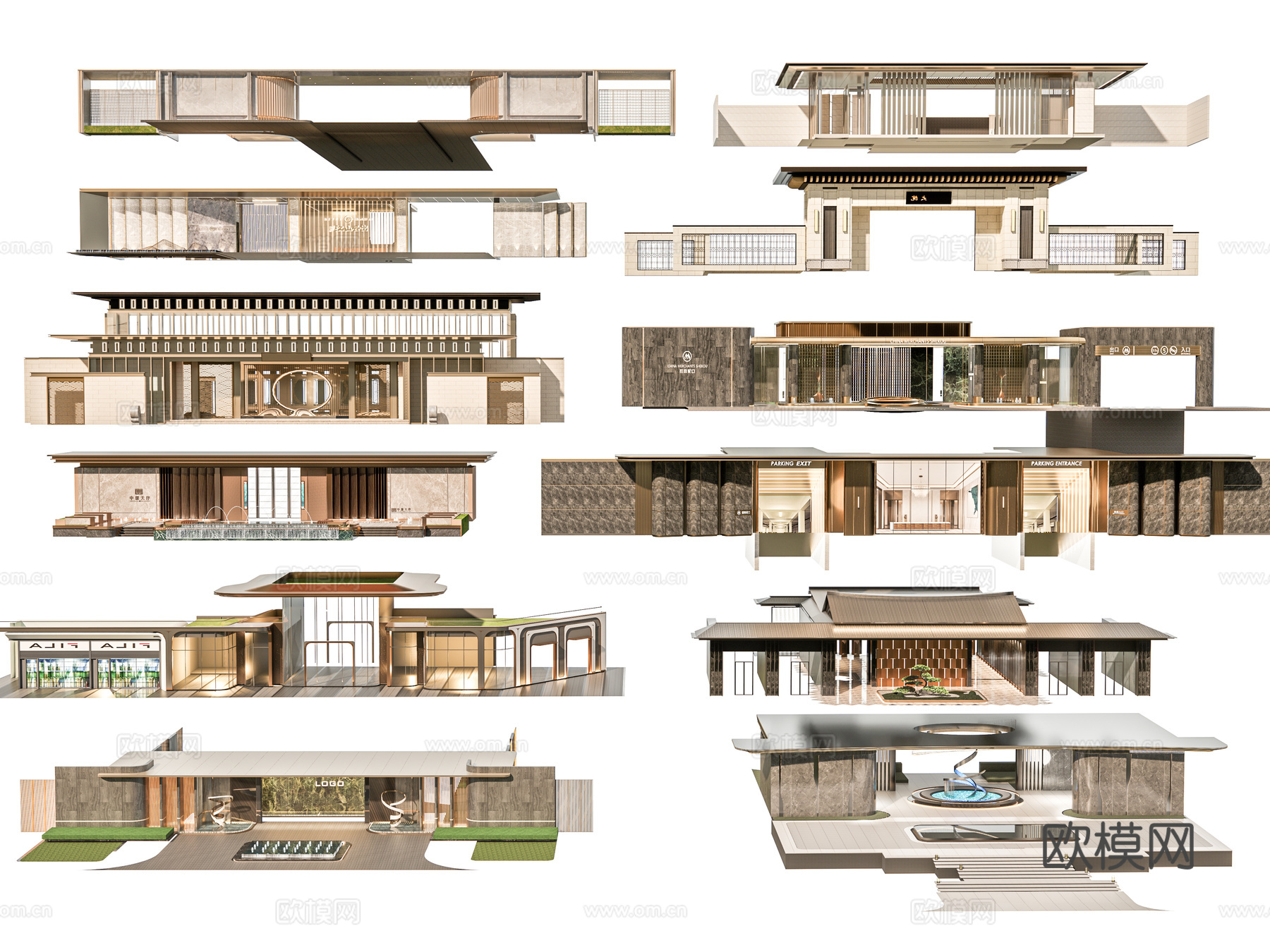 小区住宅大门入口 小区入户门 酒店式门楼 售楼处景观大门 门su模型