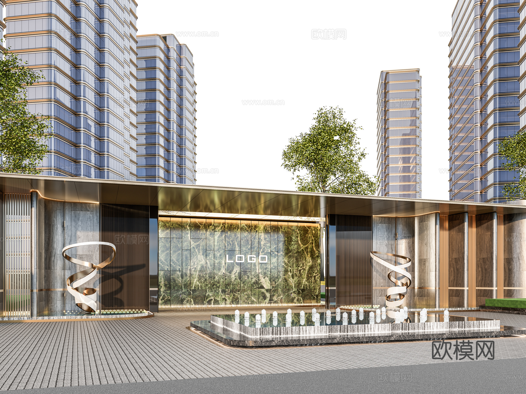 小区单元门入口 住宅楼大门入口 小区入户门 单元门花池树池su模型