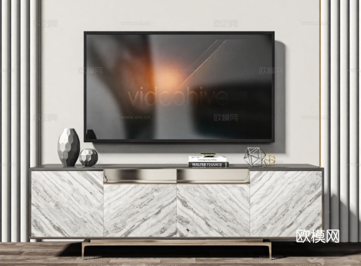 现代电视柜_装饰柜_边柜_矮柜_摆件_电视机_玄关柜su模型