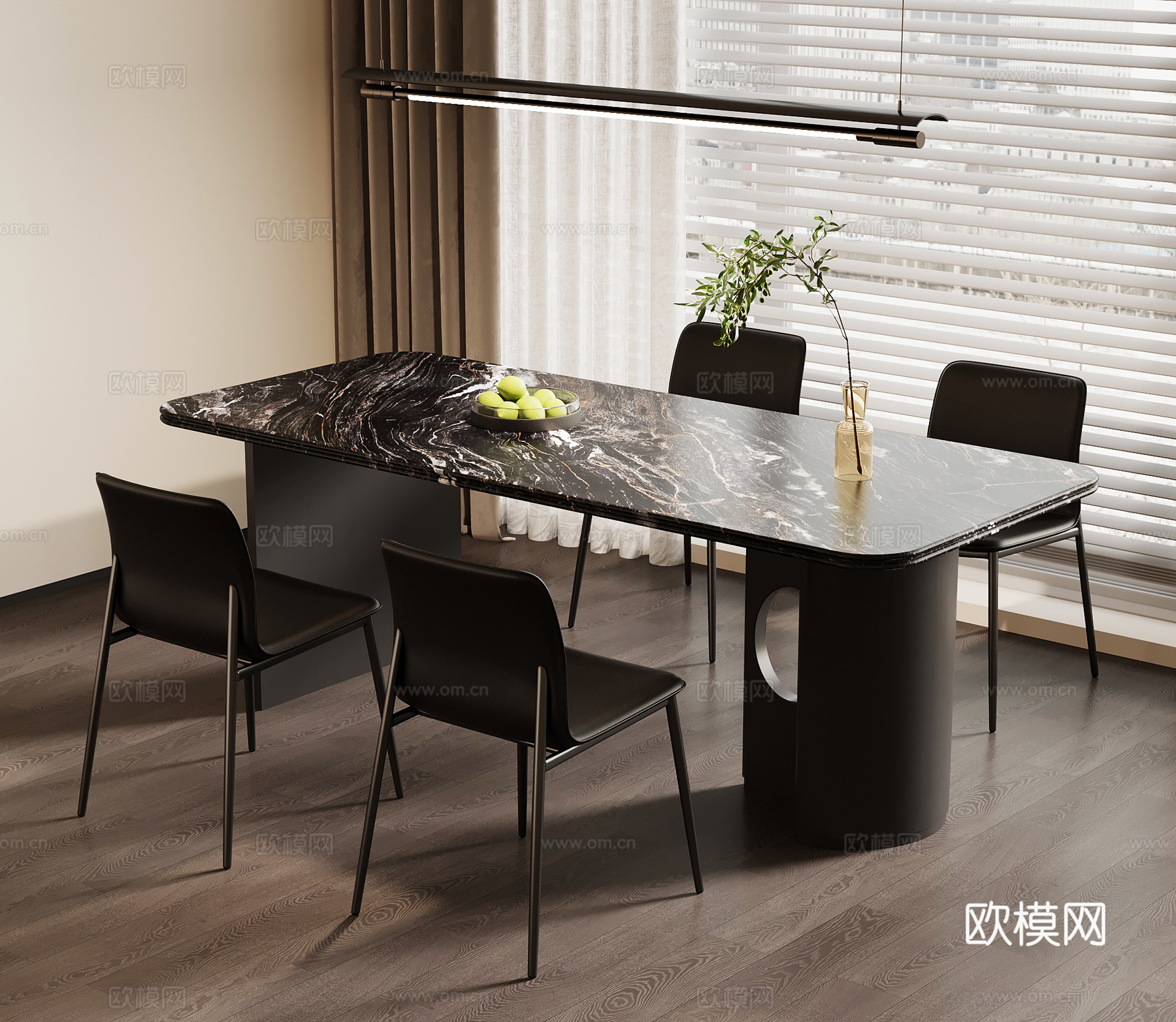 现代意式餐桌椅 大理石餐桌椅 吊灯su模型