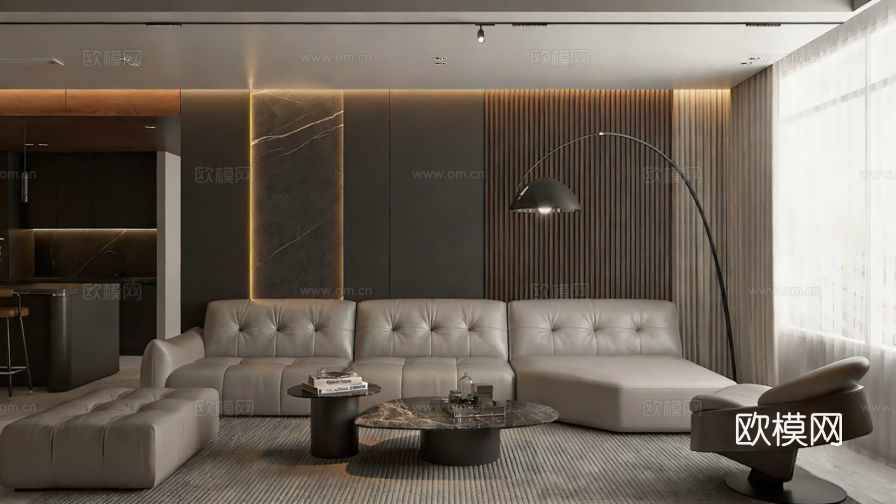 意式轻奢客餐厅 大平层豪宅客餐厅 客餐厨一体化 皮质沙发su模型