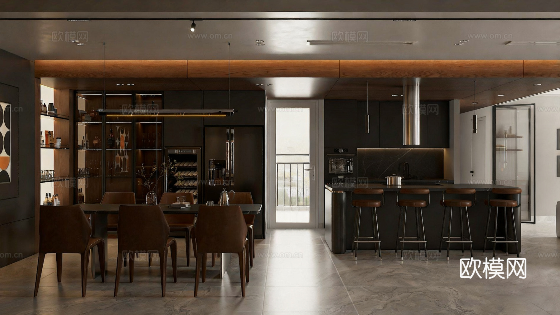 意式轻奢客餐厅 大平层豪宅客餐厅 客餐厨一体化 皮质沙发su模型