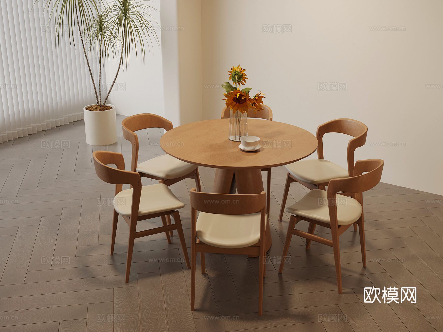现代奶油风餐桌椅 圆形餐桌椅su模型